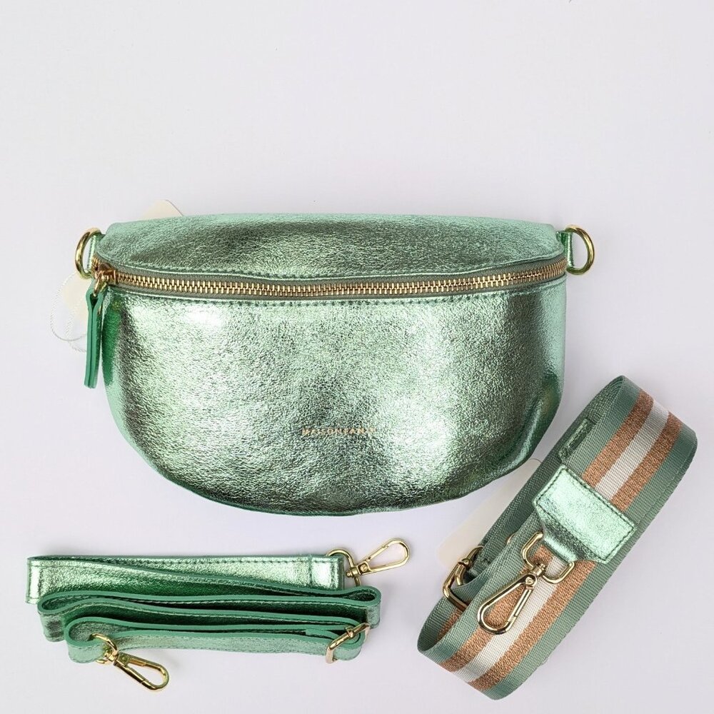 Metallic Mint Green Italian Leather Crossbody Fanny Pack Luxury Waist Bag Travel